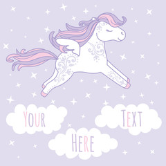 Beautyful ornamental pegasus. Cute purple background with clouds as frames for your text or photo.