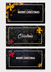 Set of Marry Christmas and Happy New Year banner on dark background with snowflakes and gift boxes. Vector illustration.