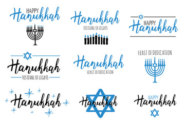 Vector illustration set of Happy Hanukkah.  - obrazy, fototapety, plakaty