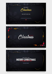 Set of Marry Christmas and Happy New Year banner on dark background with snowflakes and gift boxes. Vector illustration.