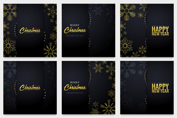Set of Marry Christmas and Happy New Year banner on dark background with snowflakes. Vector illustration.