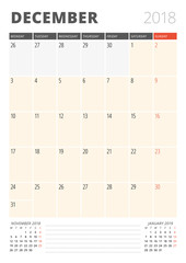 Calendar Planner for December 2018. Print Design Template. Week Starts on Monday. Vector Illustration. Stationery Design