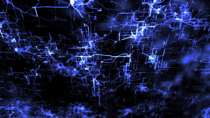 Blue glowing Artificial Neural Network. Electronic nodes, connected together with a synaptic links in electronic three dimensional cyberspace. Grid shows connection in decentralized network