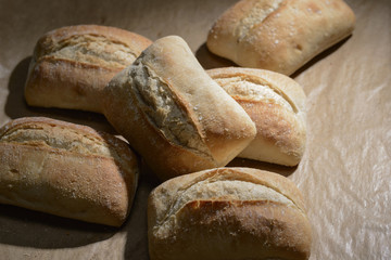Freshly baked wheat flour with crispy crust on a baking tray