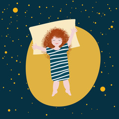 Fototapeta premium Cute girl lying on the moon. Fantasy illustration. Flat cartoon.