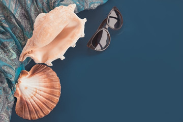 Obraz premium Summer blue background with shells and sunglasses