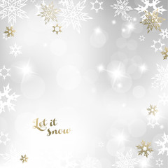 Christmas light background with white and golden snowflakes.