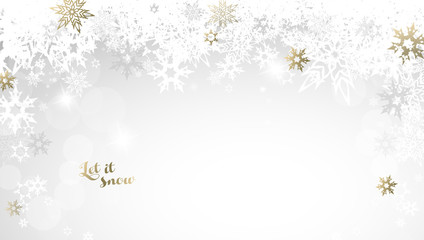 Christmas light background with white and golden snowflakes.