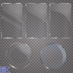 Glass plates set. Vector glass banners on transparent background.
