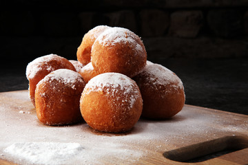 German donuts.  berliner or quarkbällchen with jam and icing sugar.