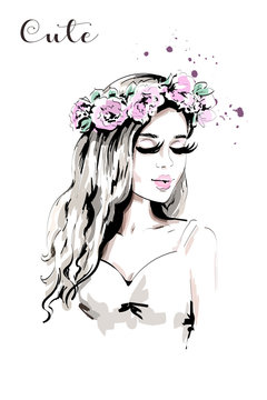 Beautiful young woman with flower wreath in her hair. Hand drawn woman portrait with curly hair. Cute girl. Sketch.
