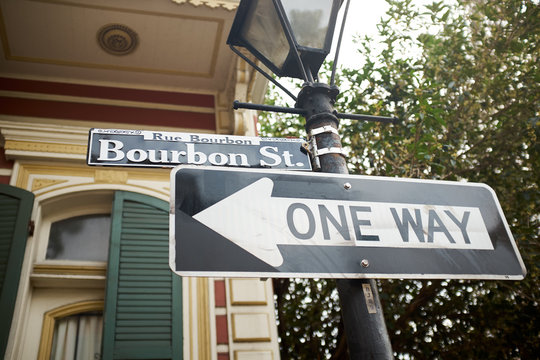 Bourbon street One Way sign in Louisiana