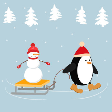 Christmas penguin in a red hat carries a snowman on a sleigh. Winter landscape with fir trees. It can be used as a design element in the Christmas composition. Vector illustration.
