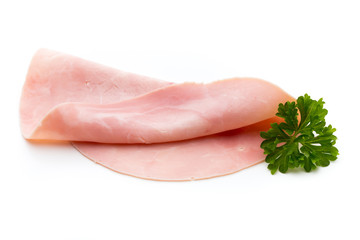 Sliced boiled ham sausage isolated on white background, top view.