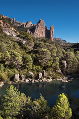 Scenic mountain landscape Mallos de Riglos and river Gallego in Aragon, Spain.