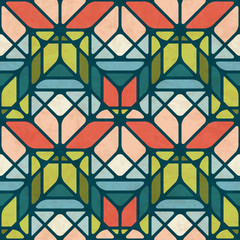 Abstract geometric seamless pattern in mid-century modern colors, vector illustration with texture