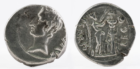 Ancient Roman silver quinarius coin of Emerita Augusta. Coined by Emperor Augustus.