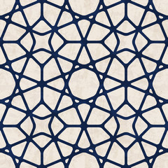 Abstract geometric polygonal grid pattern in ink blue and beige colors, textured seamless vector illustration