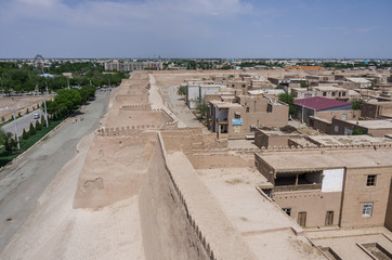 View of old city walls and towers Khiva, Uzbekistan