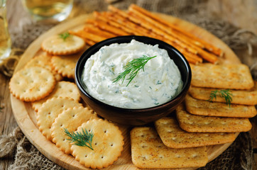 Feta cream cheese dill garlic dip with crackers