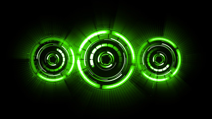 Three abstract futuristic motion graphic round mechanisms, grouped together, created from several different parts, locked together, that glow with green color.