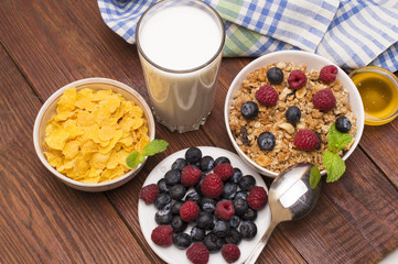 Breakfast served with orange juice, croissants, cereals and fruits. Balanced diet.