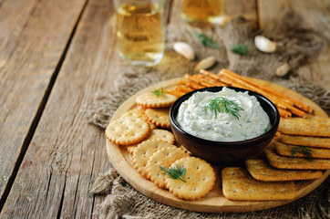 Feta cream cheese dill garlic dip with crackers