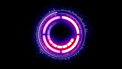 Abstract futuristic motion graphic round mechanism, created from several different parts, locked together, that glows with red and blue color.