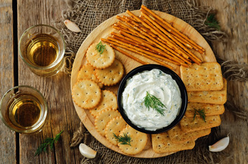 Feta cream cheese dill garlic dip with crackers