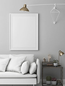 Mock up poster, hipster white loft with modern furniture, 3d render, 3d illustration
