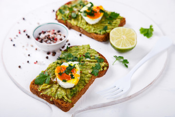 Avocado Vegetable. Sandwiches with Guacamole ,Egg and Parsley on a White Background.Appetizer.Food or Healthy diet concept.selective focus.