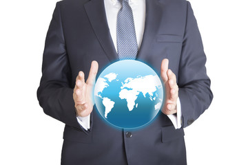 World global business technology concept, businessman holding a glowing global communication, connected 