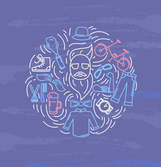 Hipster accessories set in line art style with trendy clothing, gadgets, bicycle, icons collection, template for banner, flyer, print, vector illustration