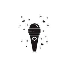 Ice cream in a cone black sillhouette icon on isolated background. Dairy dessert vector illustration decorated with hearts - concept for Valentine's Day sticker, special menu, cards and banners.