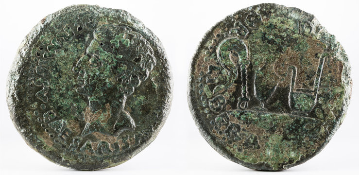 Ancient Roman bronze dupondius coin of Ebora. Coined by Emperor Augustus.
