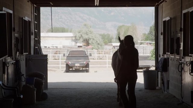 Wide slow motion shot of girl leading horse into stable / Lehi, Utah, United States