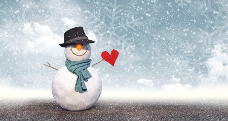 Snowman with black hat holding paper heart 3D Rendering