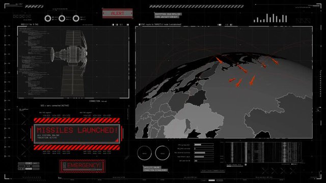 Missiles launched red warning message on screen, Russia attacks, start of war. Emergency alert message on screen, missiles have been launched