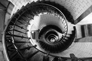 The Penmarc'h (France) lighthouse, known as the "Phare d'Eckmühl", photographied from inside in black and white