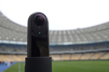 The camera that shoots 360 degrees in the background of the stadium. Close-up of the camera for live broadcasts.