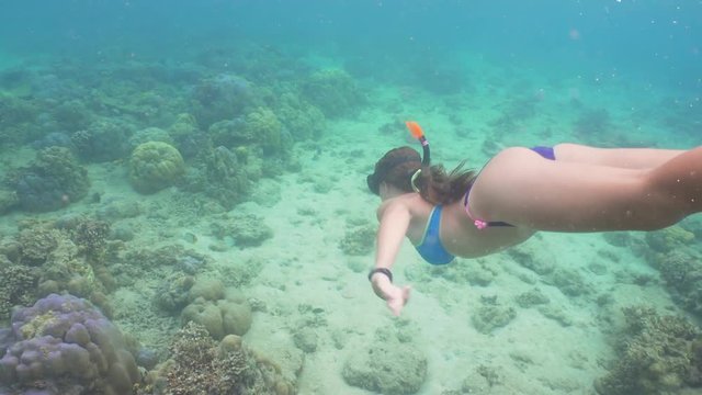 Young girl in a mask and a tube dives under the water. Girl snorkelling underwater. Tourist having fun diving in crystalline blue water, Happy tourist on vacation.