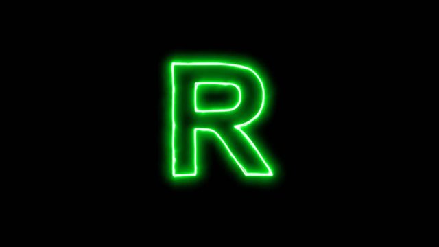 Neon flickering green latin letter R in the haze. Alpha channel Premultiplied - Matted with color black