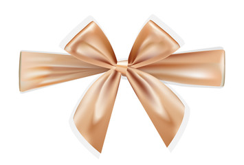 Golden brown realistic bows for gift box on white background. Silk ribbon, 3d gift bow tie for Christmas, New Year, holidays.
