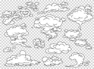 Fototapeten Comic book steam clouds set. Cartoon white smoke vector Illustration. Fog flat isolated clipart for design, effects and advertising posters © the8monkey