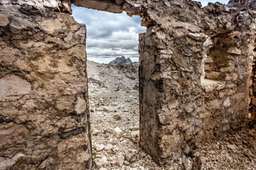 Italian army first world war rear post ruines, Fontananegra Pass, theater of fierce fighting in 1915 - 16, Tofane, Dolomites, Italy