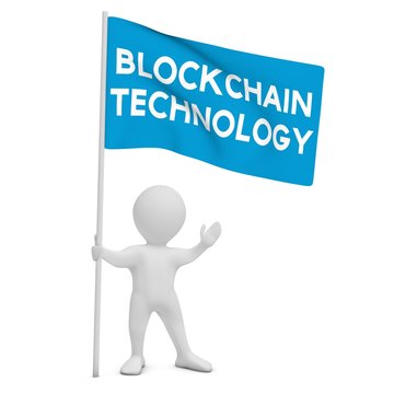 Figur h&auml;lt Flagge zum Thema Blockchain Technologie in der Hand
