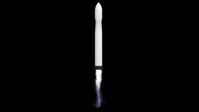 Animated launch or takeoff of a simple large space or interplanetary rocket with single buster burning liquid methane or other gas. Black background, mask included.