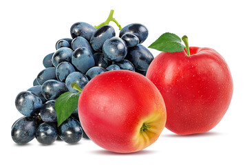 Fresh grapes and apples isolated on white background with clipping pass