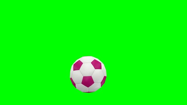 Animated simple plain soccer ball with white and pink material roiling slowly from left to right against green background.