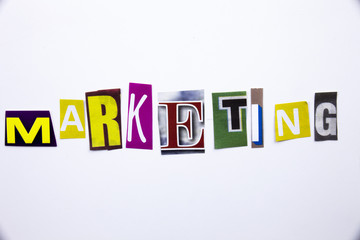A word writing text showing concept of Marketing made of different magazine newspaper letter for Business case on the white background with copy space